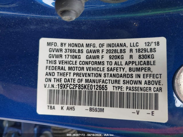 Honda Civic Sport 2019 19XFC2F85KE012665 Image 9