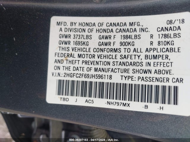 Honda Civic Lx 2018 2HGFC2F69JH596118 Image 9