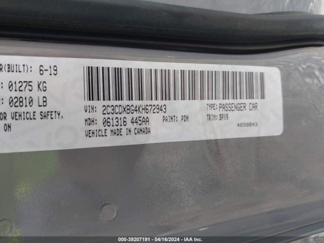 2C3CDXBG4KH672943 Dodge Charger Sxt Rwd
