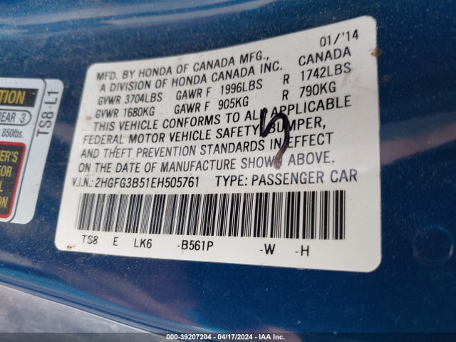 Honda Civic Lx 2014 2HGFG3B51EH505761 Image 9
