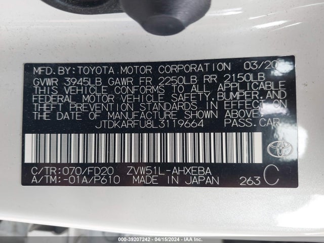 Toyota Prius Le 2020 JTDKARFU8L3119664 Image 9