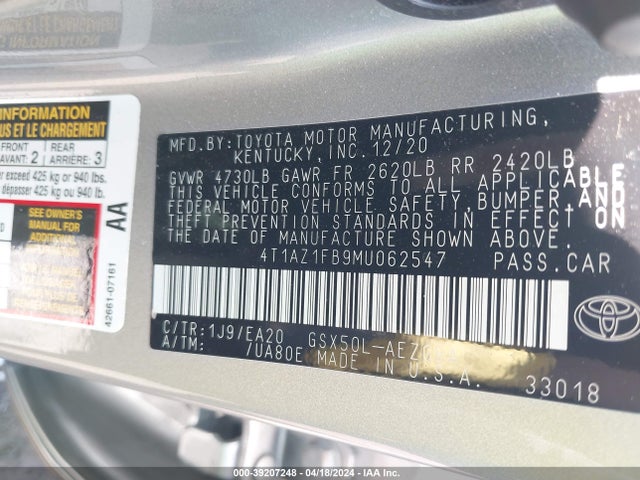 Toyota AVALON XLE 2021 4T1AZ1FB9MU062547 Image 9