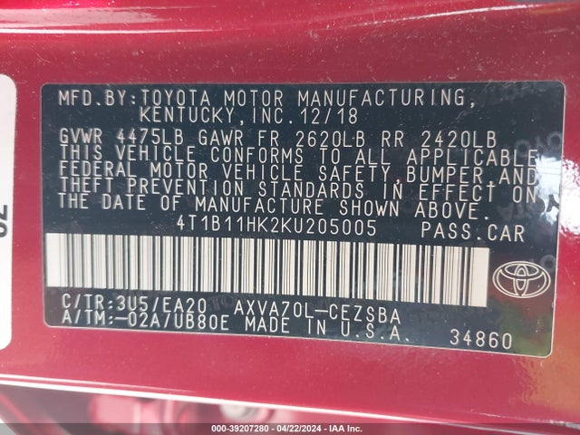 Toyota CAMRY SE 2019 4T1B11HK2KU205005 Image 9