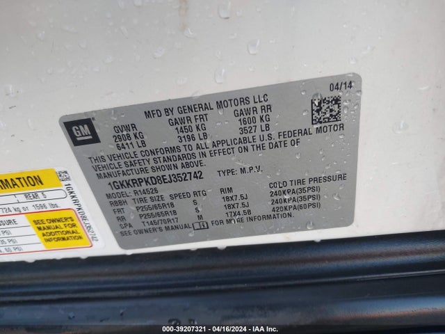 1GKKRPKD8EJ352742 GMC Acadia Sle-2
