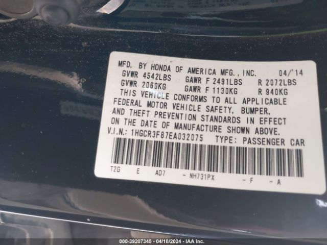1HGCR3F87EA032075 Honda Accord Ex-l V-6