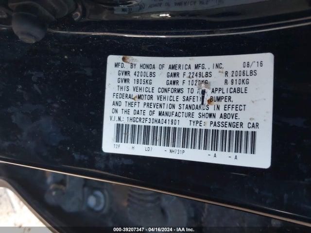Honda ACCORD LX 2017 1HGCR2F30HA041901 Image 9
