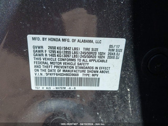 Honda Pilot Elite 2017 5FNYF6H03HB039669 Image 9