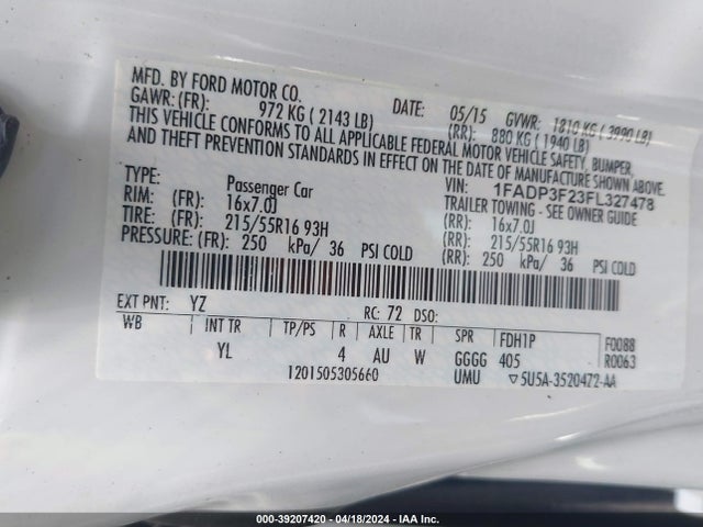 Ford FOCUS SE 2015 1FADP3F23FL327478 Image 9