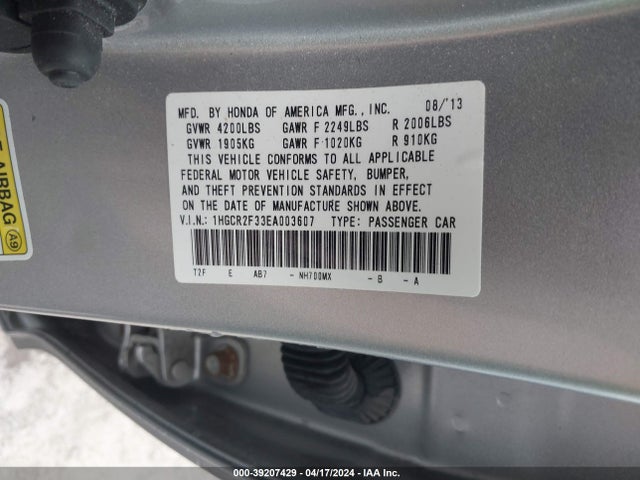 Honda ACCORD LX 2014 1HGCR2F33EA003607 Image 9