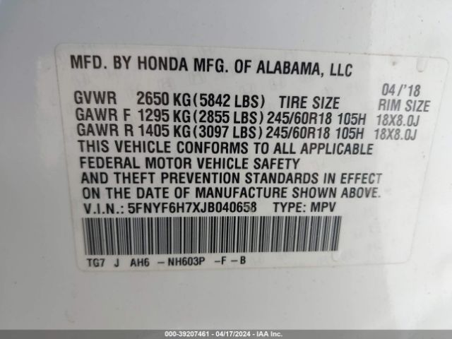 5FNYF6H7XJB040658 Honda Pilot Ex-l