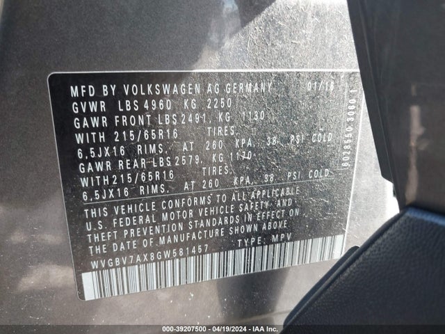 WVGBV7AX8GW581457 Volkswagen TIGUAN S