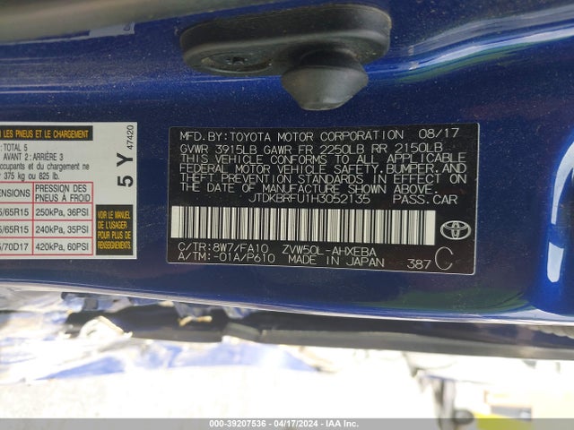 Toyota Prius 2017 JTDKBRFU1H3052135 Image 9