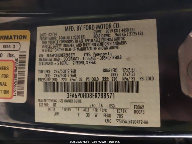Ford FUSION SE 2014 3FA6P0HD8ER288571 Image 9
