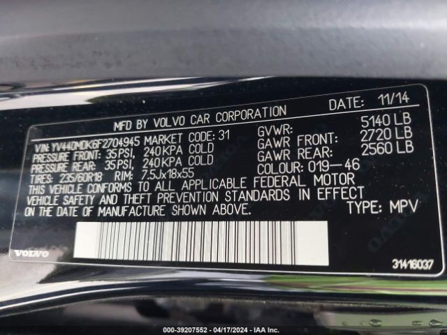 YV440MDK6F2704945 Volvo Xc60 T5 Premier