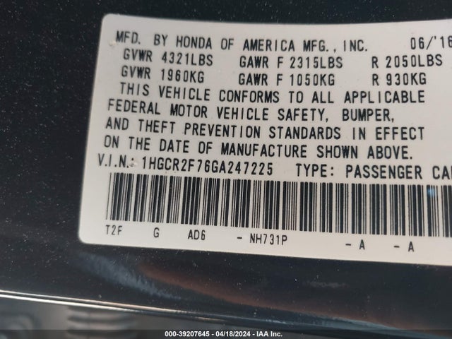 Honda ACCORD EX 2016 1HGCR2F76GA247225 Image 9