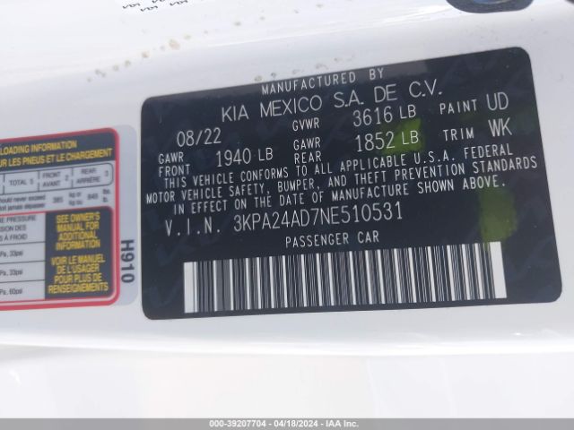 3KPA24AD7NE510531 KIA RIO LX