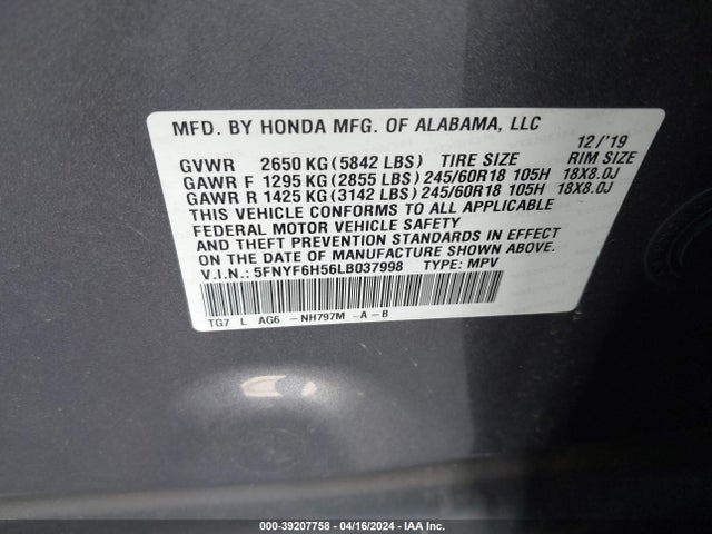 Honda Pilot Awd Ex-l 2020 5FNYF6H56LB037998 Image 9