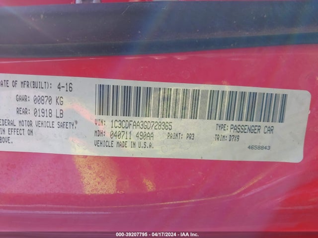 Dodge DART SE 2016 1C3CDFAA3GD728365 Image 9