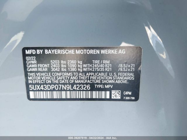 5UX43DP07N9L42326 BMW X3 Sdrive30i