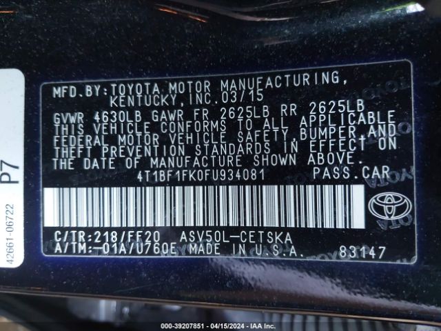 4T1BF1FK0FU934081 Toyota CAMRY SE