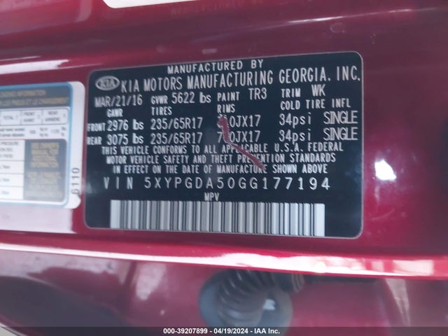 KIA Sorento 3.3l Lx 2016 5XYPGDA50GG177194 Image 9