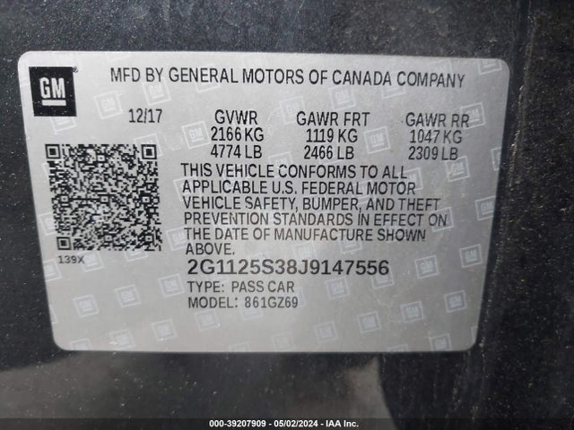 Chevrolet IMPALA 2LZ 2018 2G1125S38J9147556 Image 9