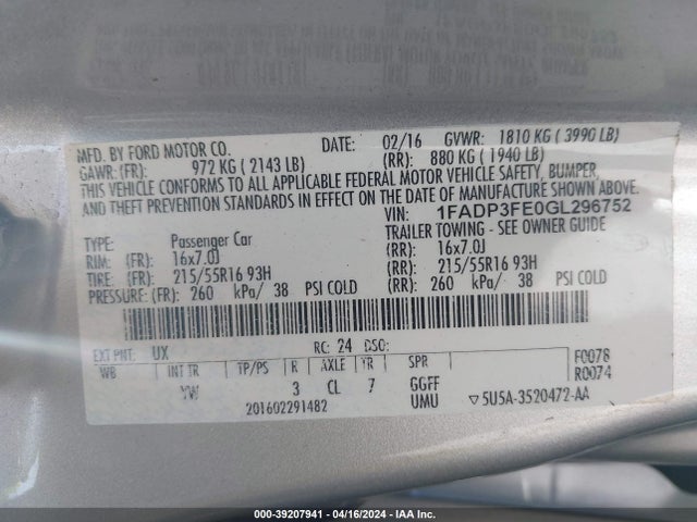 Ford FOCUS SE 2016 1FADP3FE0GL296752 Image 9