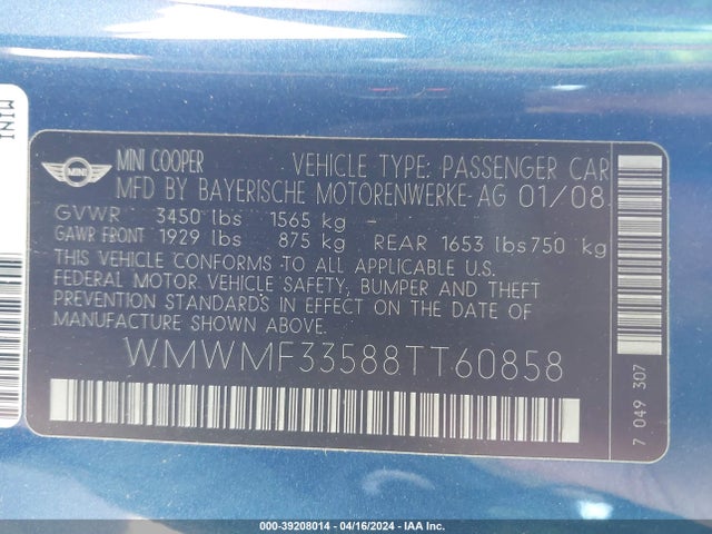 2008 MINI COOPER WMWMF33588TT60858 Photo 8