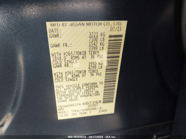 Nissan Armada Platinum/sl/sv 2015 5N1AA0ND1FN607268 Image 9