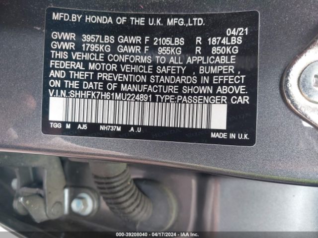 SHHFK7H61MU224891 Honda CIVIC EX