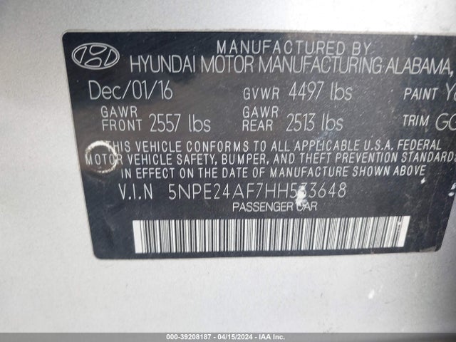 Hyundai Sonata 2.4l 2017 5NPE24AF7HH533648 Image 9