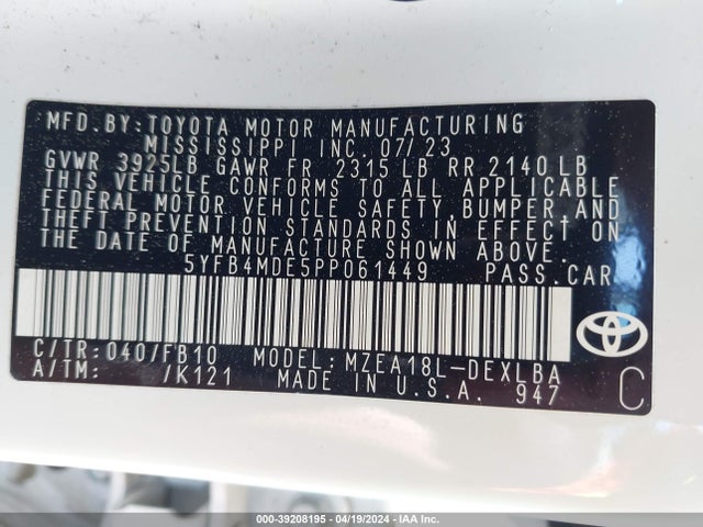 5YFB4MDE5PP061449 Toyota COROLLA LE