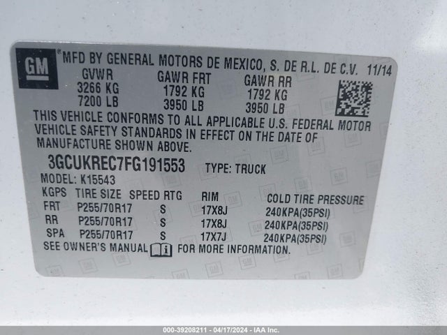Chevrolet Silverado 1500 1lt 2015 3GCUKREC7FG191553 Image 9