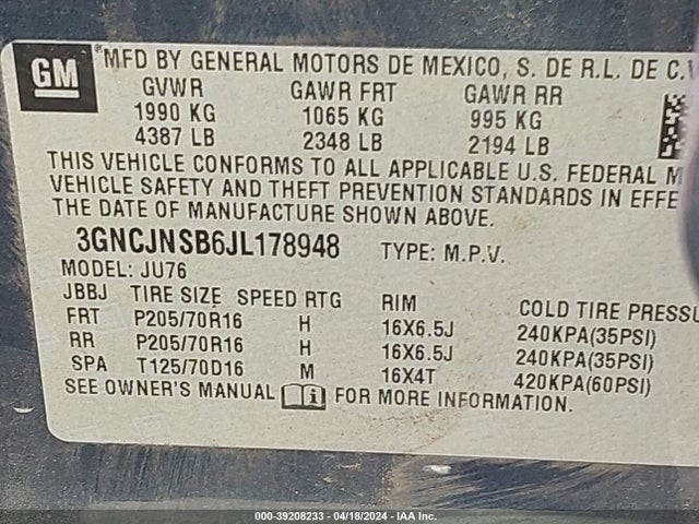 Chevrolet TRAX LS 2018 3GNCJNSB6JL178948 Image 9
