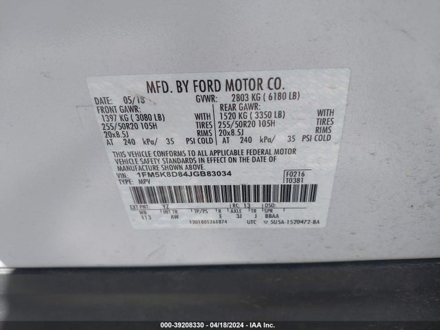 Ford EXPLORER XLT 2018 1FM5K8D84JGB83034 Image 9