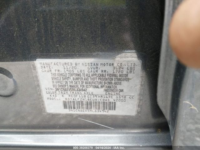 3N1CN8EV5ML834942 Nissan Versa Sv Xtronic Cvt