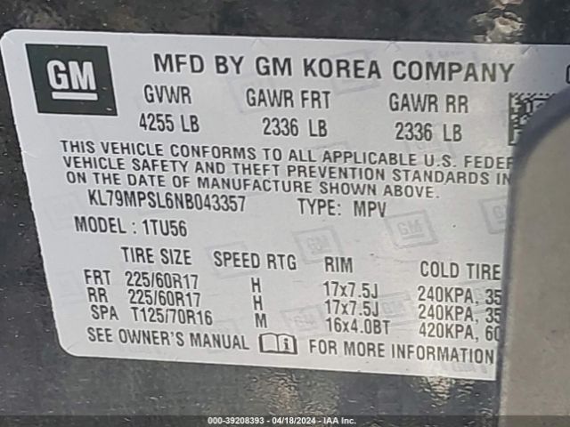 KL79MPSL6NB043357 Chevrolet Trailblazer Fwd Lt