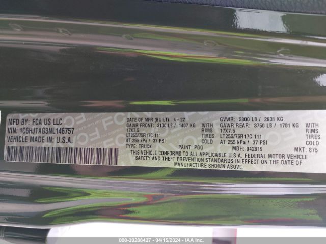 1C6HJTAG3NL146757 Jeep Gladiator Texas Trail 4x4