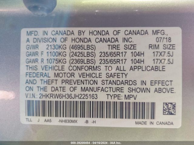 2HKRW6H36JH225163 Honda CR-V LX