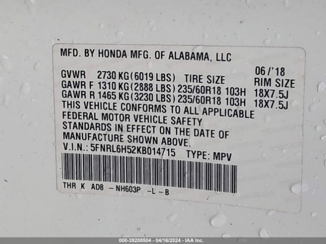 5FNRL6H52KB014715 Honda ODYSSEY EX