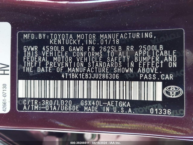 Toyota AVALON XLE 2018 4T1BK1EB3JU286306 Image 9