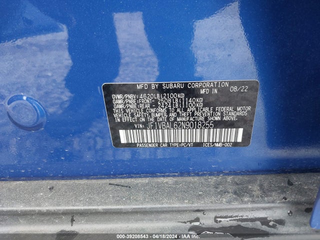 Subaru Wrx Limited 2022 JF1VBAL62N9018255 Image 9
