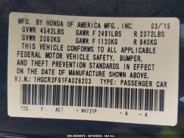 Honda Accord Touring 2015 1HGCR3F91FA026203 Image 9