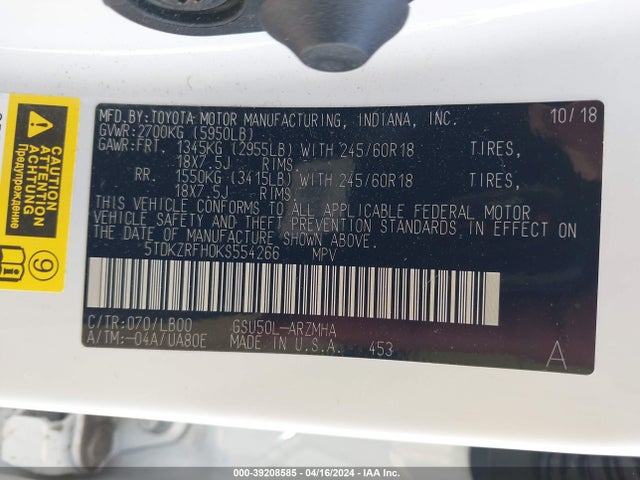 Toyota Highlander Xle 2019 5TDKZRFH0KS554266 Image 9
