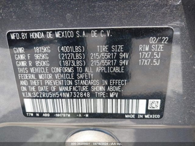 3CZRU5H54NM732848 Honda Hr-v 2wd Ex