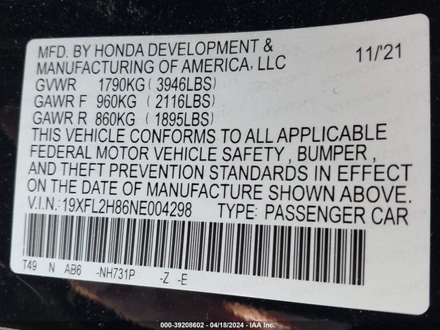 Honda Civic Sport 2022 19XFL2H86NE004298 Image 9