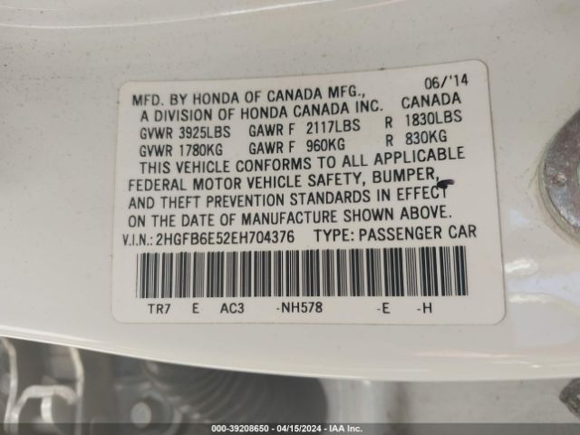 2HGFB6E52EH704376 Honda CIVIC SI