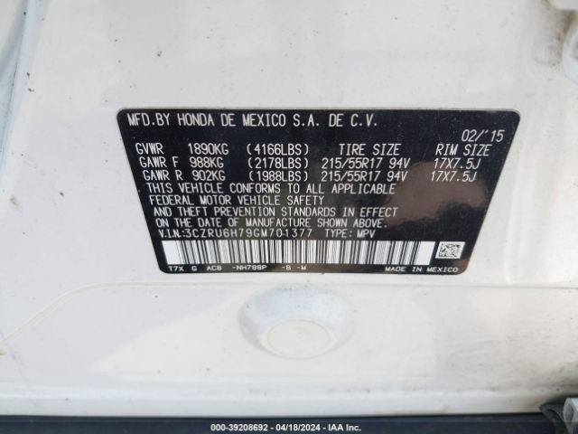 3CZRU6H79GM701377 Honda Hr-v Ex-l