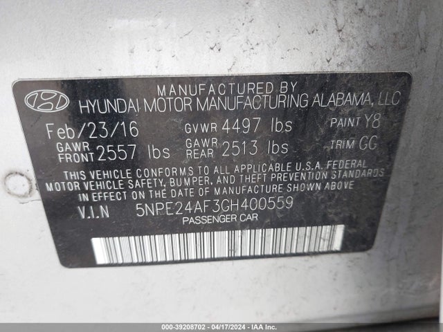 Hyundai SONATA SE 2016 5NPE24AF3GH400559 Image 9
