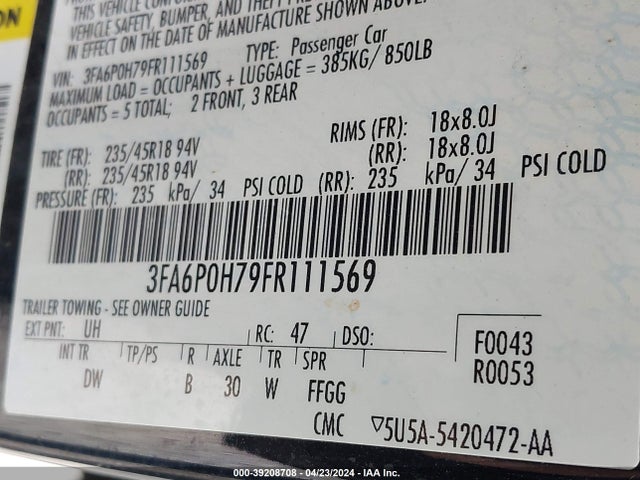 Ford FUSION SE 2015 3FA6P0H79FR111569 Image 9